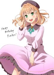 Rule 34 | 1girl, birthday, blush, breasts, character name, commentary, dress, green eyes, happy birthday, highres, hinoshita kaho, link! like! love live!, looking at viewer, love live!, medium breasts, medium hair, orange hair, pink dress, qy73, smile, solo, two side up, upper body, virtual youtuber, white background