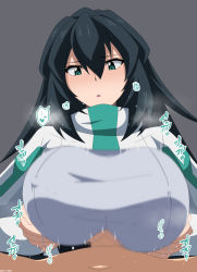 Rule 34 | 1boy, 1girl, artist request, black hair, blush, bodysuit, breasts, censored, cleavage cutout, clothing cutout, collar, covered erect nipples, grabbing, grabbing another&#039;s breast, green eyes, grey background, gundam, gundam build divers, gundam build divers re:rise, hetero, high collar, long hair, may (gundam build divers re:rise), mosaic censoring, paizuri, paizuri under clothes, penis