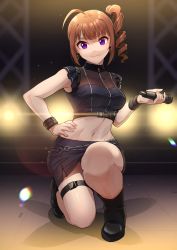 Rule 34 | 1girl, ahoge, black footwear, black shirt, black skirt, boots, bracelet, breasts, brown hair, chain, closed mouth, crop top, drill hair, full body, highres, holding, holding microphone, idol, idolmaster, idolmaster million live!, idolmaster million live! theater days, jewelry, jus-2-mint, kamille (vcx68), large breasts, microphone, midriff, miniskirt, navel, on one knee, purple eyes, shadow, shirt, side drill, side ponytail, skirt, sleeveless, sleeveless shirt, smile, solo, stage lights, thigh strap, yokoyama nao