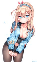 Rule 34 | 1girl, absurdres, black pantyhose, black shorts, blonde hair, blue eyes, blue jacket, blue nails, blush, breasts, cleavage, closed mouth, collarbone, commentary, earrings, girls&#039; frontline, hair between eyes, hair ornament, hairband, highres, jacket, jewelry, large breasts, long hair, looking at viewer, nail polish, one side up, open clothes, open jacket, own hands together, pantyhose, short shorts, shorts, sidelocks, signature, snowflake hair ornament, solo, star (symbol), star earrings, suomi (girls&#039; frontline), tank top, white background, zerocat