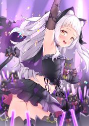 Rule 34 | 1girl, :d, animal ears, arm up, armpits, blush, bow, cat ears, cat tail, elbow gloves, fake animal ears, flat chest, gloves, glowstick, gmkj, hair bow, highres, hololive, long hair, looking back, midriff, murasaki shion, murasaki shion (gothic lolita), open mouth, panties, pantyshot, silver hair, smile, solo, tail, tail bow, tail ornament, thighhighs, two side up, underwear, virtual youtuber, yellow eyes, zettai ryouiki