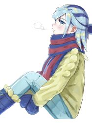 Rule 34 | 1boy, aqua eyes, aqua hair, blue footwear, blue mittens, blue scarf, boots, breath, commentary request, creatures (company), from side, game freak, green pants, grusha (pokemon), highres, jacket, long sleeves, male focus, mittens, nintendo, own hands together, pants, pe cippe, pokemon, pokemon sv, scarf, simple background, sitting, solo, striped clothes, striped scarf, white background, yellow jacket