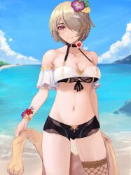 Rule 34 | 1girl, absurdres, beach, bikini, black bikini, blue sky, breasts, brown hair, cleavage, closed mouth, cloud, cloudy sky, collarbone, commentary, english commentary, fishnet thighhighs, fishnets, flower, hair flower, hair ornament, hair over one eye, highres, holding, honkai (series), honkai impact 3rd, looking at viewer, medium breasts, navel, outdoors, purple eyes, purple flower, rita rossweisse, single thighhigh, sky, solo, stomach, summer, swimsuit, thighhighs, valtein, water, yellow flower