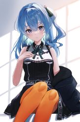 Rule 34 | 1girl, absurdres, barefoot, belt, belt buckle, black dress, black jacket, blue eyes, blue hair, blush, buckle, clothes writing, dress, feet out of frame, hair ornament, hand on own chest, highres, hololive, hoshimachi suisei, hoshimachi suisei (streetwear), jacket, long hair, looking at viewer, one side up, open clothes, open jacket, orange pantyhose, pantyhose, parted lips, senriyama, sitting, solo, star (symbol), star hair ornament, unzipped, virtual youtuber
