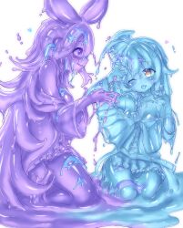 Rule 34 | 2girls, blue hair, blush, breasts, brown eyes, commission, curss, highres, horns, long hair, long sleeves, looking at another, medium breasts, monster girl, multiple girls, one eye closed, open mouth, original, purple eyes, purple hair, sheep horns, simple background, sitting, skeb commission, slime (substance), slime girl, small breasts, smile, wariza, white background