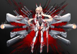 Rule 34 | 1girl, absurdres, artillery, artknight, ayanami (azur lane), azur lane, bare shoulders, black leotard, blonde hair, breasts, cleavage cutout, clothing cutout, covered navel, detached sleeves, grey background, hair between eyes, headgear, highres, holding, holding sword, holding weapon, leotard, long hair, looking at viewer, mecha musume, ponytail, red eyes, rigging, science fiction, simple background, small breasts, sword, very long hair, weapon
