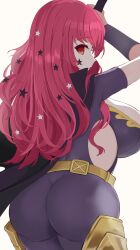 Rule 34 | 1girl, ass, ass focus, bodysuit, breasts, cape, fire emblem, fire emblem engage, from behind, huge ass, ko tyanomoto, large breasts, long hair, looking at viewer, looking back, nintendo, purple hair, red eyes, sideboob, skin tight, solo, thighhighs, very long hair, yunaka (fire emblem)