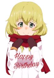 Rule 34 | 1girl, birthday, black mittens, blonde hair, blush, carpaccio (girls und panzer), casual, closed mouth, coat, commentary, english text, enpera, girls und panzer, green eyes, happy birthday, kayabakoro, long hair, long sleeves, looking at viewer, mittens, red scarf, scarf, simple background, smile, solo, upper body, white background, white coat, winter clothes