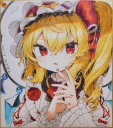 Rule 34 | 1girl, :o, blonde hair, crystal, drill hair, embellished costume, flandre scarlet, gunjou row, hair between eyes, hands up, hat, long hair, medium hair, mob cap, nail polish, one side up, open mouth, red eyes, red nails, simple background, slit pupils, solo, touhou, traditional media, wings