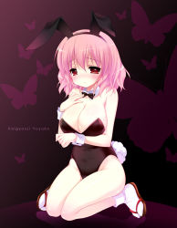 Rule 34 | 1girl, alternate costume, animal ears, bad id, bad pixiv id, bare legs, bare shoulders, blush, bow, bowtie, breast hold, breasts, bug, rabbit ears, rabbit tail, playboy bunny, butterfly, character name, cleavage, detached collar, emily (pure dream), fake animal ears, female focus, groin, huge breasts, bug, kneeling, legs, leotard, pink hair, red eyes, saigyouji yuyuko, sandals, short hair, shy, sitting, smile, socks, solo, tail, touhou, wariza, wrist cuffs
