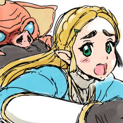 Rule 34 | 1girl, ass, ass grab, blush, blush stickers, braid, green eyes, highres, long hair, looking at viewer, nintendo, nose, open mouth, pig, pointy ears, princess zelda, simple background, sketch, the legend of zelda, the legend of zelda: breath of the wild, white background