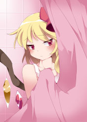 Rule 34 | 1girl, bad id, bad pixiv id, blonde hair, blush, commentary request, flandre scarlet, frown, hammer (sunset beach), hiding, long hair, looking at viewer, red eyes, shower curtain, shy, side ponytail, solo, touhou, wings