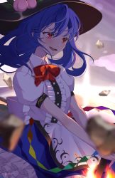 Rule 34 | 1girl, black hat, black skirt, blue hair, blurry, blurry foreground, bow, bowtie, center frills, collared shirt, commentary request, cowboy shot, floating rock, frills, hat, highres, hinanawi tenshi, holding, holding sword, holding weapon, long hair, mokou cooking, open mouth, peach hat ornament, puffy short sleeves, puffy sleeves, red bow, red bowtie, red eyes, shirt, short sleeves, signature, skirt, smile, solo, sword, sword of hisou, touhou, weapon, white shirt, wing collar