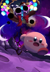 absurdres bisected blush_stickers bow bowtie colored_skin delatoid fangs hat highres jester_cap kirby kirby_(series) marx_(kirby) night night_sky nintendo no_humans open_mouth pink_skin plant_roots pom_pom_(clothes) purple_skin red_bow red_bowtie sky star_(sky) super_smash_bros. sweat