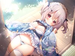 Rule 34 | 1girl, absurdres, blue kimono, blush, breasts, brown hair, cleavage, clothes lift, floral print, flower, groin, hair flower, hair ornament, hairclip, highres, japanese clothes, kimono, kimono lift, lifting own clothes, looking at viewer, lowleg, lowleg panties, lying, maid headdress, momozu komamochi, navel, non-web source, on back, oppai loli, original, panties, print kimono, ribbon, short hair, short kimono, smile, solo, stomach, striped clothes, striped panties, thighhighs, thighs, two side up, underwear, white thighhighs