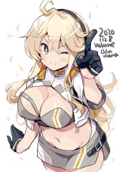 Rule 34 | 1girl, ahoge, bandeau, black gloves, blonde hair, blush, breasts, cleavage, closed mouth, cropped jacket, dated, gloves, grey eyes, grey skirt, hair between eyes, headphones, iowa (kancolle), jacket, kantai collection, large breasts, long hair, looking at viewer, navel, odawara hakone, one-hour drawing challenge, one eye closed, pointing, pointing at viewer, race queen, skirt, smile, solo, star-shaped pupils, star (symbol), symbol-shaped pupils, twitter username, white jacket