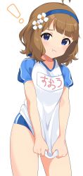 Rule 34 | !, 1girl, :t, ahoge, blue buruma, blue eyes, blue hairband, blush, bob cut, brown hair, buruma, closed mouth, clothes pull, commentary, dot nose, flower, hair flower, hair ornament, hairband, highres, idolmaster, idolmaster million live!, idolmaster million live! theater days, inuyama nanami, looking at viewer, name tag, puffy short sleeves, puffy sleeves, pulling own clothes, shirt, shirt pull, short sleeves, simple background, solo, standing, suou momoko, white background, white flower, white shirt