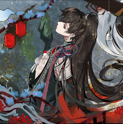 Rule 34 | 1boy, animal, animal on shoulder, armlet, ayn alwyn, bell, black gloves, black hair, black robe, branch, chinese clothes, claws, closed mouth, dangle earrings, earrings, elbow gloves, expressionless, flower, from side, gloves, hair between eyes, hand up, hanfu, headband, high ponytail, jewelry, lantern, long hair, looking at viewer, lovebrush chronicles, male focus, necklace, plunging neckline, profile, red eyes, red flower, red headband, robe, scorpion, sideways glance, sleeveless, solo, spider lily, tang qi zang, upper body