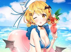 Rule 34 | 1girl, alternate costume, ayamy, bat hair ornament, bat wings, bikini, bikini top only, blonde hair, blue bikini, blue sky, breasts, choker, cleavage, cloud, cloudy sky, collarbone, cup, day, drink, drinking glass, fang, food, fruit, hair ornament, hat, highres, holding, holding cup, holding drink, hololive, innertube, large breasts, medium hair, melon, melon slice, ocean, official art, one eye closed, open mouth, outdoors, skin fang, sky, solo, star (symbol), swim ring, swimsuit, virtual youtuber, watermelon, white hat, wings, yellow eyes, yozora mel, yozora mel (hololive summer 2019)