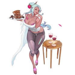 Rule 34 | 1girl, abs, blue hair, bra, breasts, cleavage, covered navel, cup, dark-skinned female, dark skin, drinking glass, food, full body, game cg, hair between eyes, highres, lace, lace-trimmed bra, lace-trimmed panties, lace trim, large breasts, last origin, light, light blue hair, lingerie, long hair, looking at viewer, mole, mole on breast, muscular, naughty face, official alternate costume, official art, open mouth, orange eyes, panties, pink bra, pink panties, plate, rorobomb, scathy, seductive smile, shirt, smile, solo, string panties, tachi-e, tongue, tongue out, transparent background, underwear, wavy hair, white shirt, wide hips, wine glass