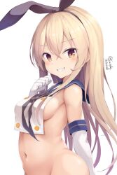 Rule 34 | 1girl, adapted costume, black hairband, blonde hair, blue sailor collar, bottomless, breast curtain, breasts, gloves, grey eyes, grin, hairband, highres, kantai collection, long hair, navel, out-of-frame censoring, sailor collar, shimakaze (kancolle), simple background, small breasts, smile, solo, tateishi kureha, white background, white gloves