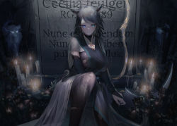 Rule 34 | 1girl, absurdres, animal ears, artist name, asymmetrical bangs, black bodysuit, black hair, blue eyes, bodysuit, breasts, candle, closed mouth, commentary, dress, elbow gloves, eyelashes, flower, gloves, glowing, glowing eye, highres, huge filesize, jewelry, large breasts, latin text, looking at viewer, me/r, necklace, night, original, outdoors, parted bangs, pendant, rain, short hair, signature, sitting, solo, spirit, tabard, tombstone, torn bodysuit, torn clothes, translated, wet, white dress, wolf, wolf ears