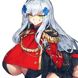 Rule 34 | 1girl, aiguillette, alternate breast size, breasts, capelet, closed mouth, cross hair ornament, epaulettes, facial mark, girls&#039; frontline, green eyes, grey hair, hair ornament, highres, hk416 (girls&#039; frontline), hk416 (percussive bolero) (girls&#039; frontline), huge breasts, long hair, long sleeves, looking at viewer, melon22, military, military uniform, official alternate costume, red capelet, simple background, solo, teardrop, uniform, white background