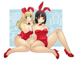 Rule 34 | 10s, 2girls, animal ears, aqua eyes, ascot, atago (kancolle), bare shoulders, black hair, blonde hair, blush, breasts, rabbit ears, rabbit tail, cleavage, crotch, curvy, detached collar, fake animal ears, female focus, fishnet pantyhose, fishnets, full body, green eyes, hair ornament, high heels, kantai collection, large breasts, legs, leotard, long hair, looking at viewer, multiple girls, outside border, pantyhose, playboy bunny, red eyes, shoes, short hair, sitting, smile, spread legs, tail, takao (kancolle), thick thighs, thighs, uona telepin, wide hips, wrist cuffs