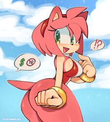 Rule 34 | !?, 1girl, :d, absurdres, amy rose, ass, backless swimsuit, blush, bracelet, breasts, dollar sign, furry, furry female, green eyes, hairband, highres, ichig8miruku, jewelry, large breasts, looking back, nervous smile, one-piece swimsuit, open mouth, outdoors, pointing, pointing at self, prostitution, red hairband, sideboob, smile, solo, sonic (series), speech bubble, spoken interrobang, sweat, swimsuit, thick thighs, thighs