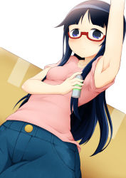 Rule 34 | 1girl, arm up, armpits, black hair, blue eyes, blush, bottle, breasts, closed mouth, collarbone, denki-gai no hon&#039;ya-san, frown, glasses, holding, jam (jam0601), long hair, pants, pink shirt, red-framed eyewear, semi-rimless eyewear, sensei (denki-gai), shirt, short sleeves, sleeves rolled up, small breasts, solo, spray bottle, under-rim eyewear, very long hair