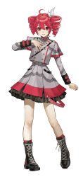Rule 34 | 1girl, absurdres, ahoge, belt, black footwear, black skirt, boots, bow, buttons, commentary, cross-laced footwear, double-breasted, drill hair, frilled skirt, frills, full body, grey shirt, grey skirt, hair bow, hand on own chest, highres, kasane teto, kasane teto (sv), lace-up boots, layered skirt, light blush, lips, looking at viewer, miniskirt, official art, pleated skirt, red eyes, red hair, red nails, red trim, sakauchi waka, shirt, short hair, skirt, smile, solo, standing, striped clothes, striped shirt, striped skirt, synthesizer v, twin drills, utau, white background, white bow