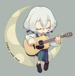 Rule 34 | 1girl, :d, acoustic guitar, blue ribbon, blue vest, chibi, closed eyes, commentary request, copyright name, crescent moon, grey background, guitar, hair between eyes, hair ribbon, instrument, konno junko, moon, music, on crescent, open mouth, plaid, plaid vest, playing instrument, ribbon, shirt, short hair with long locks, simple background, sitting, smile, solo, vest, white shirt, yoruniyoruyoshi, zombie land saga