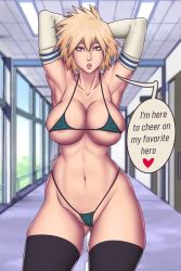 Rule 34 | 1girl, absurdres, armpits, arms behind head, bakugou mitsuki, bemannen, bikini, black thighhighs, blonde hair, boku no hero academia, breasts, collarbone, cowboy shot, elbow gloves, gloves, gluteal fold, hallway, highres, indoors, large breasts, lips, looking at viewer, micro bikini, mature female, navel, parted lips, red eyes, short hair, skindentation, solo, speech bubble, spiked hair, swimsuit, teeth, text focus, thick thighs, thighhighs, thighs, upper teeth only