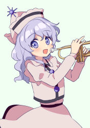 Rule 34 | 144udy, 1girl, absurdres, buttons, cowboy shot, frilled headwear, hat, highres, instrument, juliet sleeves, long hair, long sleeves, merlin prismriver, open mouth, pink hat, pink shirt, pink skirt, pointy ears, puffy sleeves, purple eyes, purple hair, shirt, simple background, skirt, skirt set, solo, touhou, trumpet, white background