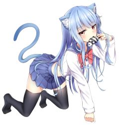 Rule 34 | 1girl, animal ears, black thighhighs, blue hair, bow, bowtie, cat ears, cat tail, copyright request, fang, fish, full body, long hair, long sleeves, looking at viewer, mouth hold, pleated skirt, red eyes, school uniform, serafuku, simple background, skirt, solo, superpig, superpig (wlstjqdla), tail, thighhighs, uniform, very long hair, white background, zettai ryouiki