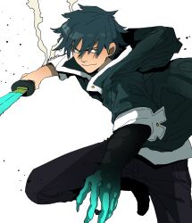 Rule 34 | 1boy, black hands, blue hair, buttons, claws, closed mouth, colored extremities, colored skin, foot out of frame, green eyes, green jacket, grey pants, hand up, highres, holding, holding sword, holding weapon, hood, hood down, hooded jacket, isaacchief300, jacket, katana, knee up, leg up, looking to the side, male focus, original, paint splatter, pants, popped collar, simple background, sleeve cuffs, sleeves rolled up, smoke, solo, sword, wavy mouth, weapon, white background, white trim