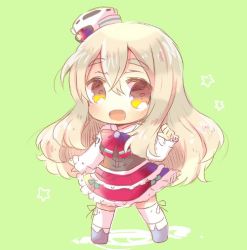 Rule 34 | 10s, 1girl, bow, brown eyes, chibi, full body, green background, hair between eyes, hat, kantai collection, kou hiyoyo, long hair, looking at viewer, mini hat, open mouth, pola (kancolle), red bow, red skirt, silver hair, simple background, skirt, solo, standing, thighhighs, wavy hair, white thighhighs