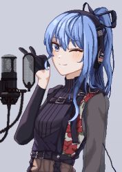 Rule 34 | 1girl, absurdres, blue eyes, blue hair, closed mouth, floral print, grey background, hair ribbon, hand up, headphones, highres, hololive, hoshimachi suisei, hoshimachi suisei (shout in crisis), long hair, long sleeves, looking at viewer, microphone, mqpixels, one eye closed, pixel art, ponytail, pop filter, ribbed sweater, ribbon, rose print, simple background, smile, solo, star (symbol), star in eye, sweater, symbol in eye, turtleneck, upper body, v, virtual youtuber