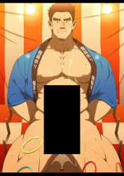 Rule 34 | 1boy, abs, arms behind back, bar censor, bara, bare pectorals, black hair, bottomless, censored, cum, cum on body, cum on male, cum on pectorals, erection, facial hair, festival, forked eyebrows, frown, happi, highres, japanese clothes, kneeling, large pectorals, male focus, mature male, muscular, muscular male, mustache, navel, navel hair, nipples, original, oro9, paid reward available, pectorals, ring toss, short hair, sideburns, solo, stomach, stubble, sweat, thick eyebrows, thick thighs, thighs