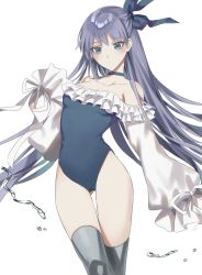 Rule 34 | 1girl, bare shoulders, blue eyes, blue hair, blue one-piece swimsuit, blush, breasts, choker, collarbone, commentary request, fate/grand order, fate (series), feet out of frame, frilled one-piece swimsuit, frilled swimsuit, frills, gluteal fold, hair ribbon, highleg, highleg swimsuit, highres, long hair, looking at viewer, meltryllis, meltryllis (fate), meltryllis (swimsuit lancer) (fate), meltryllis (swimsuit lancer) (second ascension) (fate), off-shoulder one-piece swimsuit, off shoulder, one-piece swimsuit, oshage (osyage921), ribbon, simple background, small breasts, solo, strapless, strapless one-piece swimsuit, swimsuit, thighhighs, thighs, white background, wide sleeves