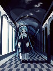 Rule 34 | 1girl, aimaina, arch, bandaid, bandaid on face, black dress, blue eyes, blue hair, blunt bangs, checkered floor, cigarette, closed mouth, commentary, doll, dot mouth, dress, full body, habit, hair ornament, hallway, hatsune miku, highres, hikimayu, holding, holding cigarette, holding doll, indoors, kamippoina (vocaloid), long hair, nun, red eyes, shadow, sidelighting, sideways glance, slit pupils, smoke, standing, syare 0603, twintails, very long hair, vocaloid
