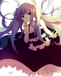 Rule 34 | :o, artist name, bare shoulders, black dress, blank eyes, blue hair, collarbone, cowboy shot, dress, expressionless, eyebrows, frilled dress, frills, hair ribbon, hatsune miku, highres, isumi (yangyan), long hair, looking at viewer, open mouth, purple eyes, ribbon, simple background, sleeveless, sleeveless dress, standing, twintails, very long hair, vocaloid, white hair
