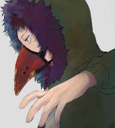 Rule 34 | 1boy, boku no hero academia, brown hair, chacoma, feather-trimmed jacket, feathers, from side, green jacket, hand up, highres, hood, hood up, jacket, male focus, mask, mouth mask, overhaul (boku no hero academia), plague doctor mask, purple feathers, short hair, solo, very short hair, yellow eyes