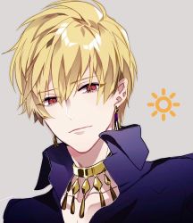 Rule 34 | 1boy, blonde hair, blue shirt, commentary, commentary request, earrings, fate/grand order, fate (series), gilgamesh, gilgamesh (caster) (fate), gilgamesh (establishment) (fate), gilgamesh (fate), grey background, hair between eyes, highres, jewelry, kaa, light smile, looking at viewer, male focus, necklace, official alternate costume, portrait, red eyes, shirt, short hair, simple background, smile, solo, sun