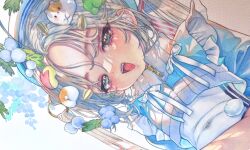 Rule 34 | 1girl, apple rabbit, blue eyes, blush, commentary request, covered navel, crop top, flat chest, food, food art, grey hair, hamster hair ornament, highres, long hair, looking at viewer, nanakami mana, open mouth, original, painting (medium), photo (medium), sharp teeth, smile, solo, teeth, traditional media, twintails, upper body, watercolor (medium)
