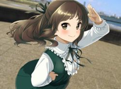 Rule 34 | 1girl, bad id, bad twitter id, blush, bow, bowtie, brown eyes, brown hair, cityscape, collar, collared dress, commentary, day, dress, fingernails, frilled collar, frills, green dress, hand on own hip, idolmaster, idolmaster cinderella girls, lips, long hair, long sleeves, looking at viewer, outdoors, photo background, salute, smile, solo, standing, tachibana arisu, wotori