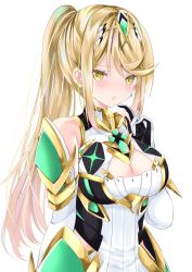 Rule 34 | 1girl, bare shoulders, blonde hair, blush, breasts, chest jewel, cleavage, cleavage cutout, clothing cutout, dress, earrings, gem, gloves, headpiece, highres, jewelry, large breasts, long hair, looking at viewer, mythra (xenoblade), nanase nao, ponytail, solo, swept bangs, tiara, tsundere, white dress, xenoblade chronicles (series), xenoblade chronicles 2, yellow eyes