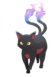 Rule 34 | animal ear fluff, black cat, cat, chups, commentary request, flame-tipped tail, highres, kaenbyou rin, kaenbyou rin (cat), multiple tails, nekomata, no humans, simple background, tail, touhou, two tails, walking, white background