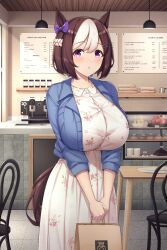 Rule 34 | 1girl, :o, absurdres, aged up, alternate breast size, animal ears, bag, blue jacket, bow, breasts, brown hair, button gap, buttons, cafe, casual, chair, commentary request, dress, floral print, hair bow, highres, holding, holding bag, horse ears, horse girl, horse tail, huge breasts, indoors, jacket, kannko bokujou, looking at viewer, multicolored hair, purple bow, purple eyes, short hair, solo, special week (umamusume), tail, two-tone hair, umamusume, white dress, white hair
