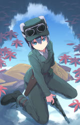 Rule 34 | 1girl, amagama (he fu), aqua eyes, belt, belt buckle, belt pouch, black footwear, black hair, boots, brown belt, brown coat, buckle, closed mouth, coat, commentary, dress shirt, expressionless, finger on trigger, fish, flower, from above, fur-trimmed headwear, fur hat, fur trim, goggles, goggles on head, green hat, green jacket, green pants, gun, handgun, hat, highres, holding, holding gun, holding weapon, holster, jacket, kino (kino no tabi), kino no tabi, kneeling, looking at viewer, looking up, pants, partially submerged, pouch, red flower, revolver, shirt, solo, trench coat, unworn coat, ushanka, water, weapon, white shirt